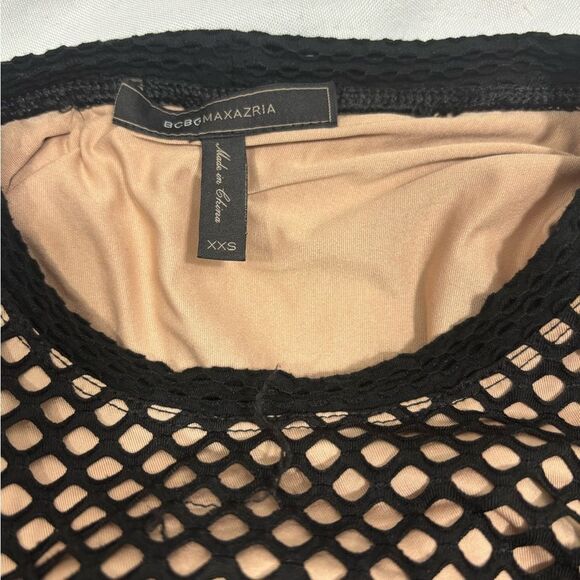 BCBGMAXAZRIA Asymmetrical Mesh Body-Con Dress Black Nude - Picture 6 of 11